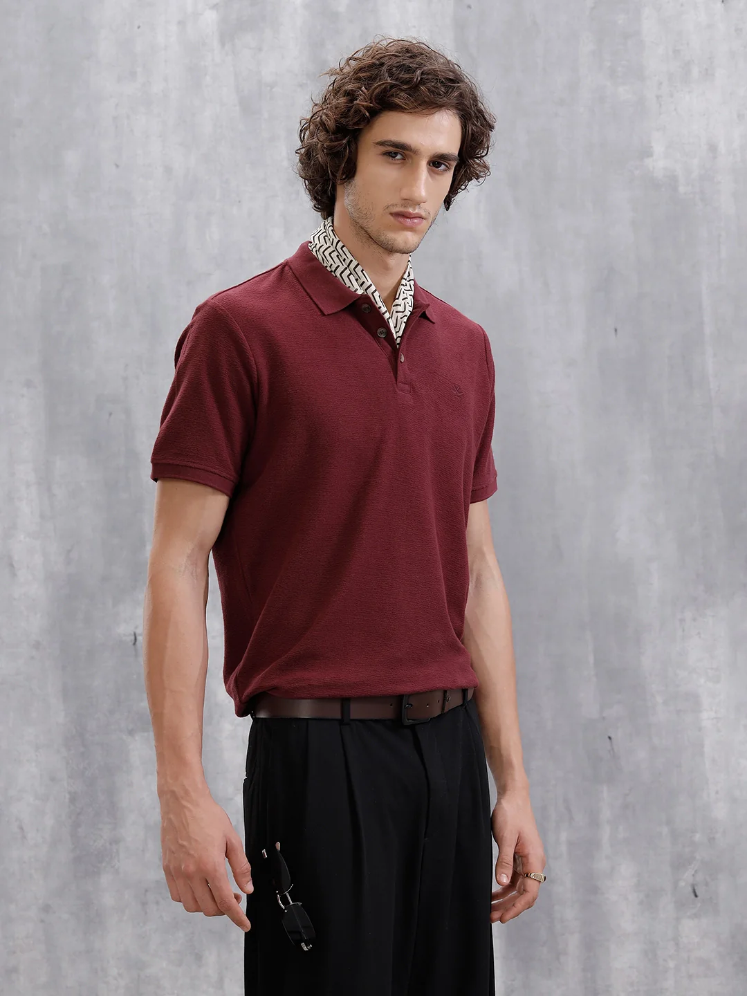 Solid Crinkle Texture Polo T-Shirt | Maroon - Image 7