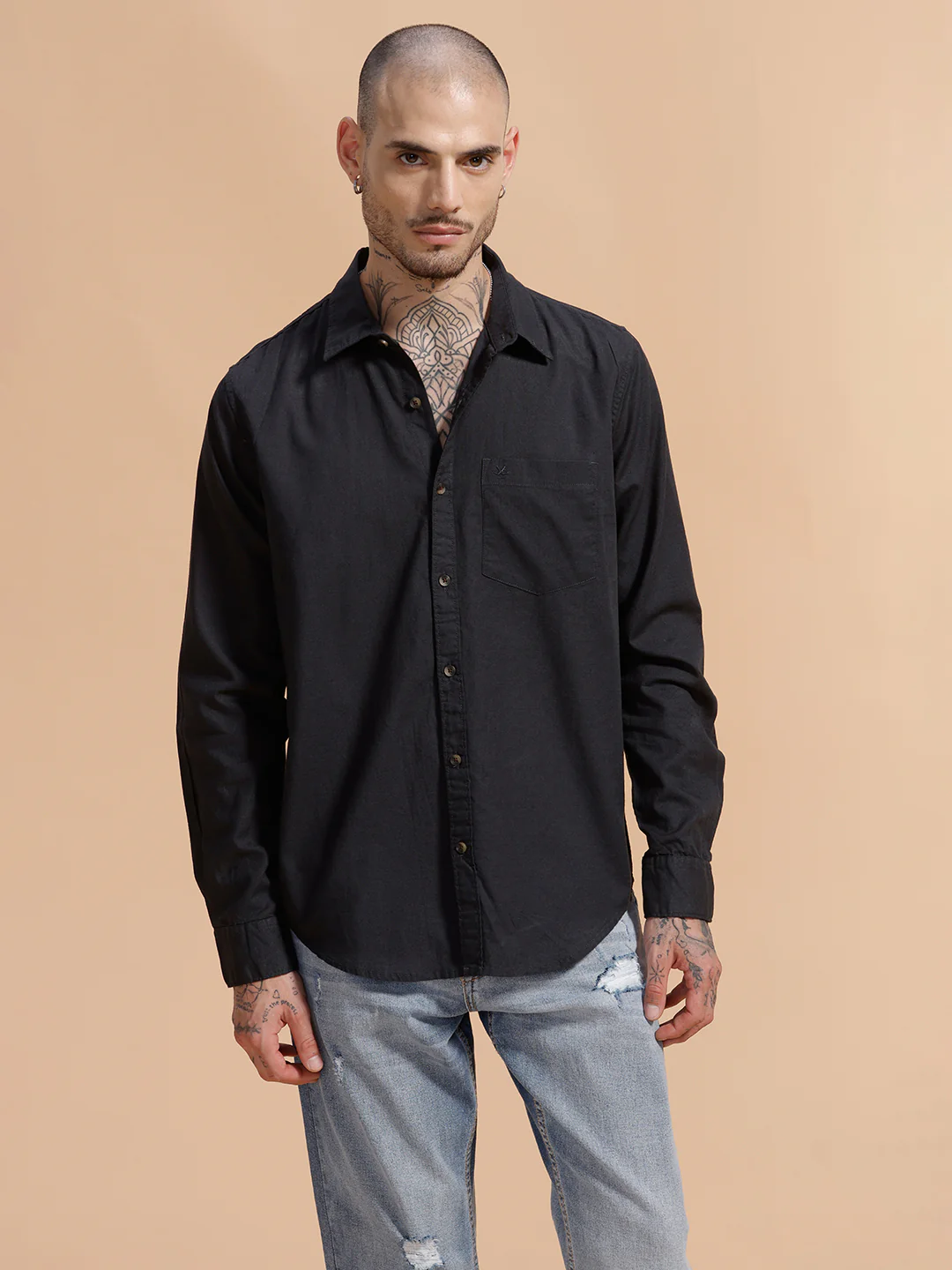 Solid Full Sleeve Cotton Shirt | Dark Grey - Image 4