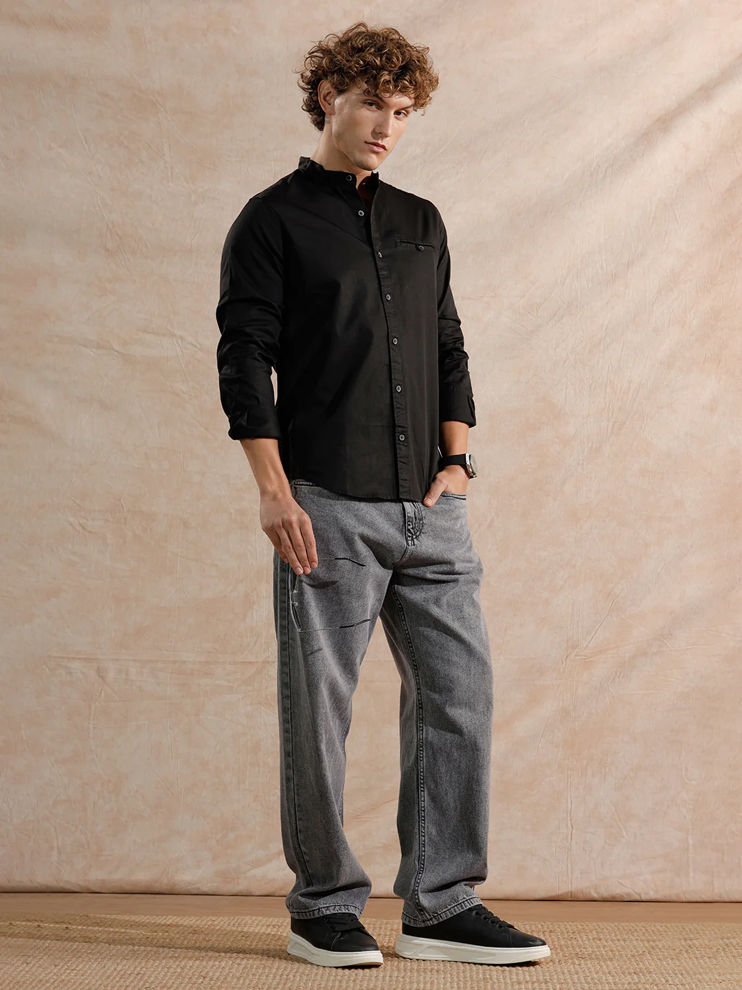 Mandarin Collar Regular Fit Shirt | Black - Image 2