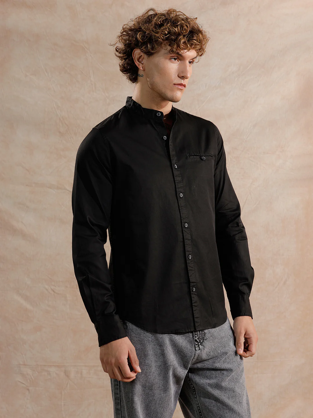 Mandarin Collar Regular Fit Shirt | Black - Image 3