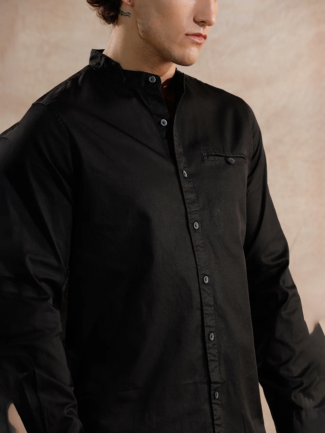 Mandarin Collar Regular Fit Shirt | Black - Image 4