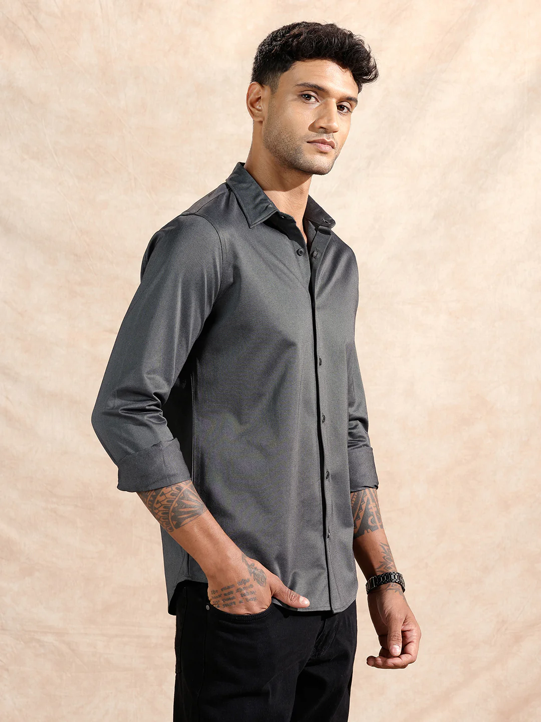 Solid Stretch Slim Fit Shirt | Black - Image 4