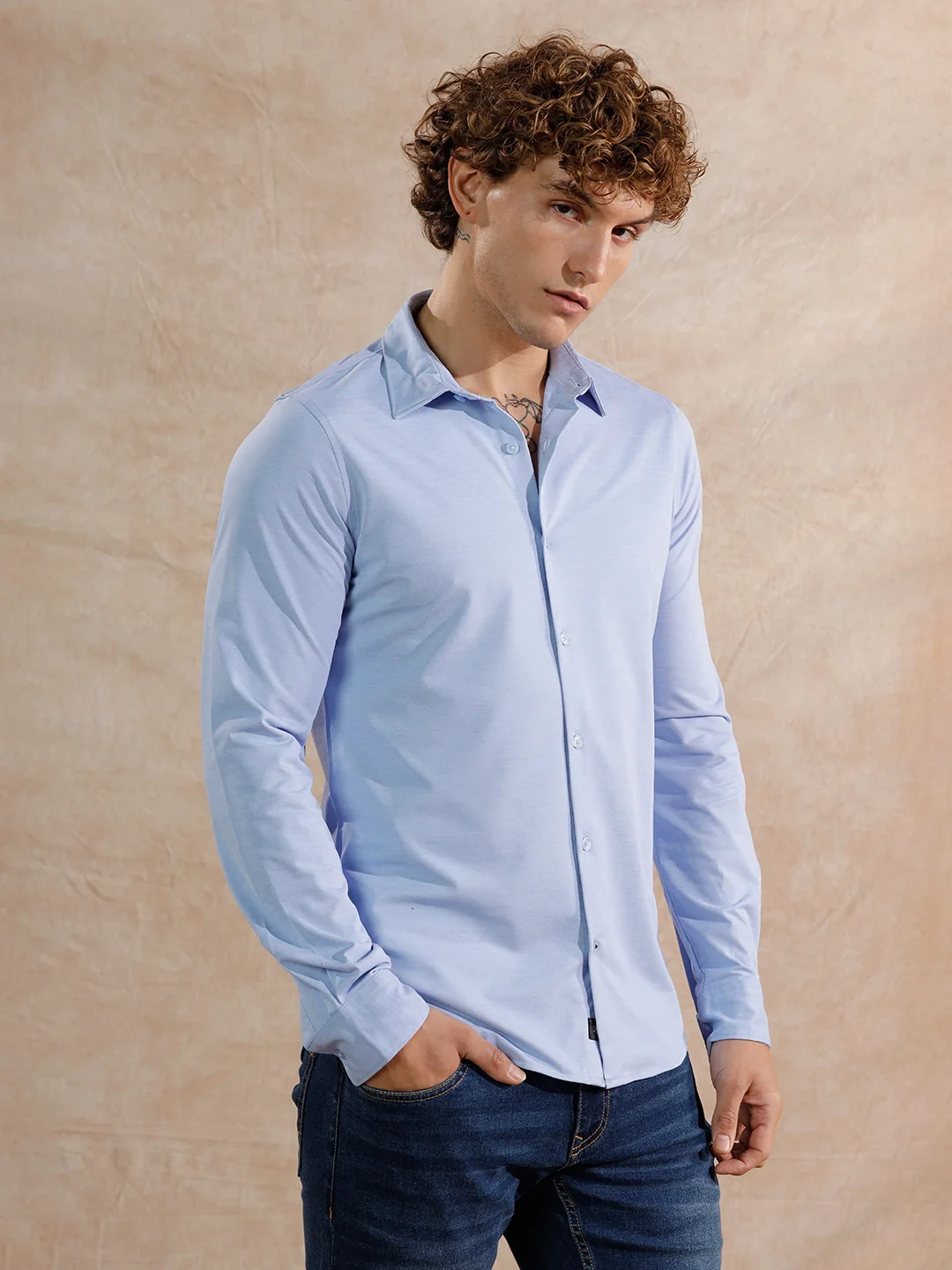 Solid Stretch Slim Fit Shirt | Light Blue - Image 3