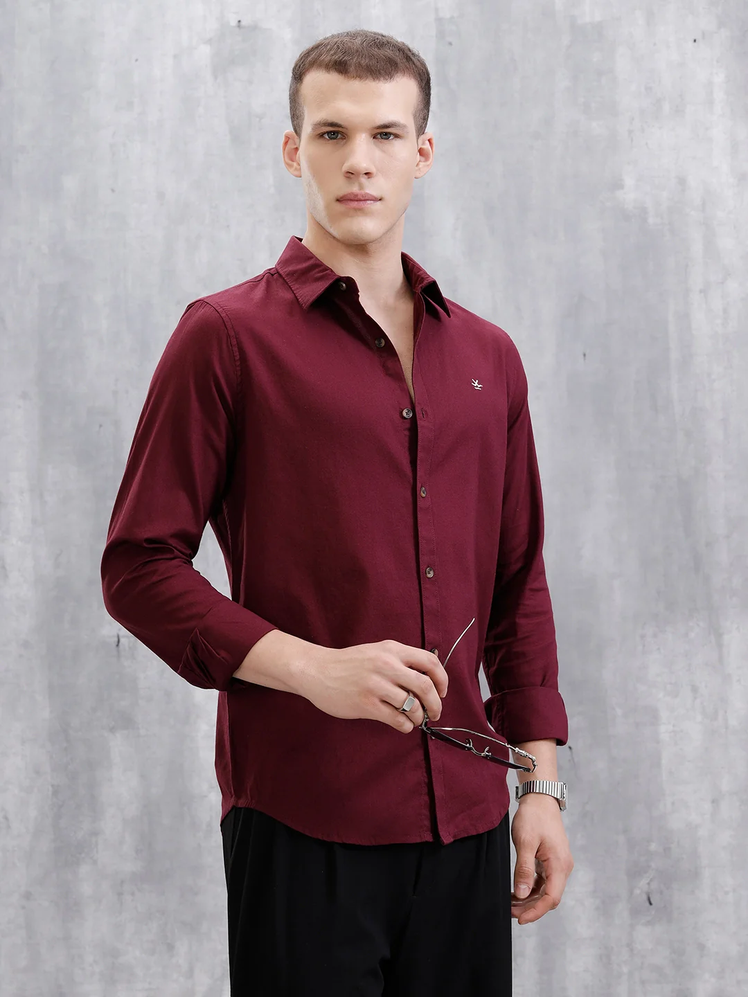 Solid Full Sleeve Slim Fit Shirt | Maroon - Image 4