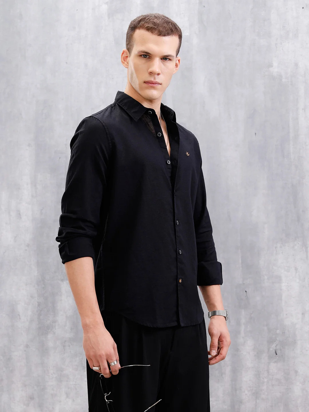 Solid Linen Blend Shirt | Black - Image 5