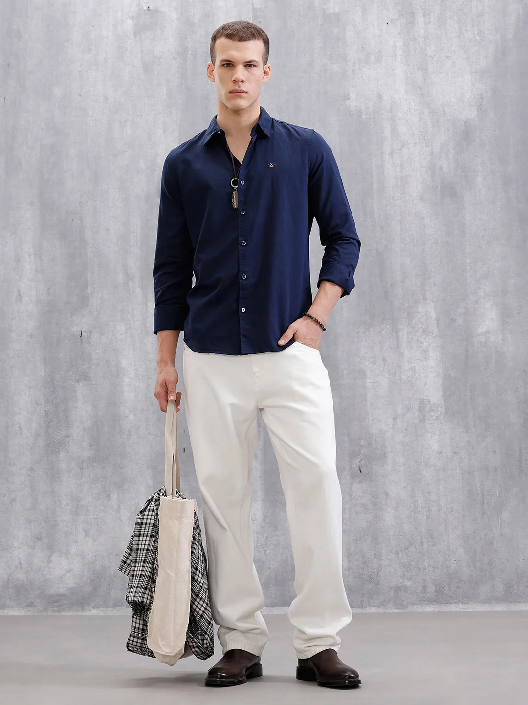 Solid Linen Blend Shirt  | Navy Blue - Image 2