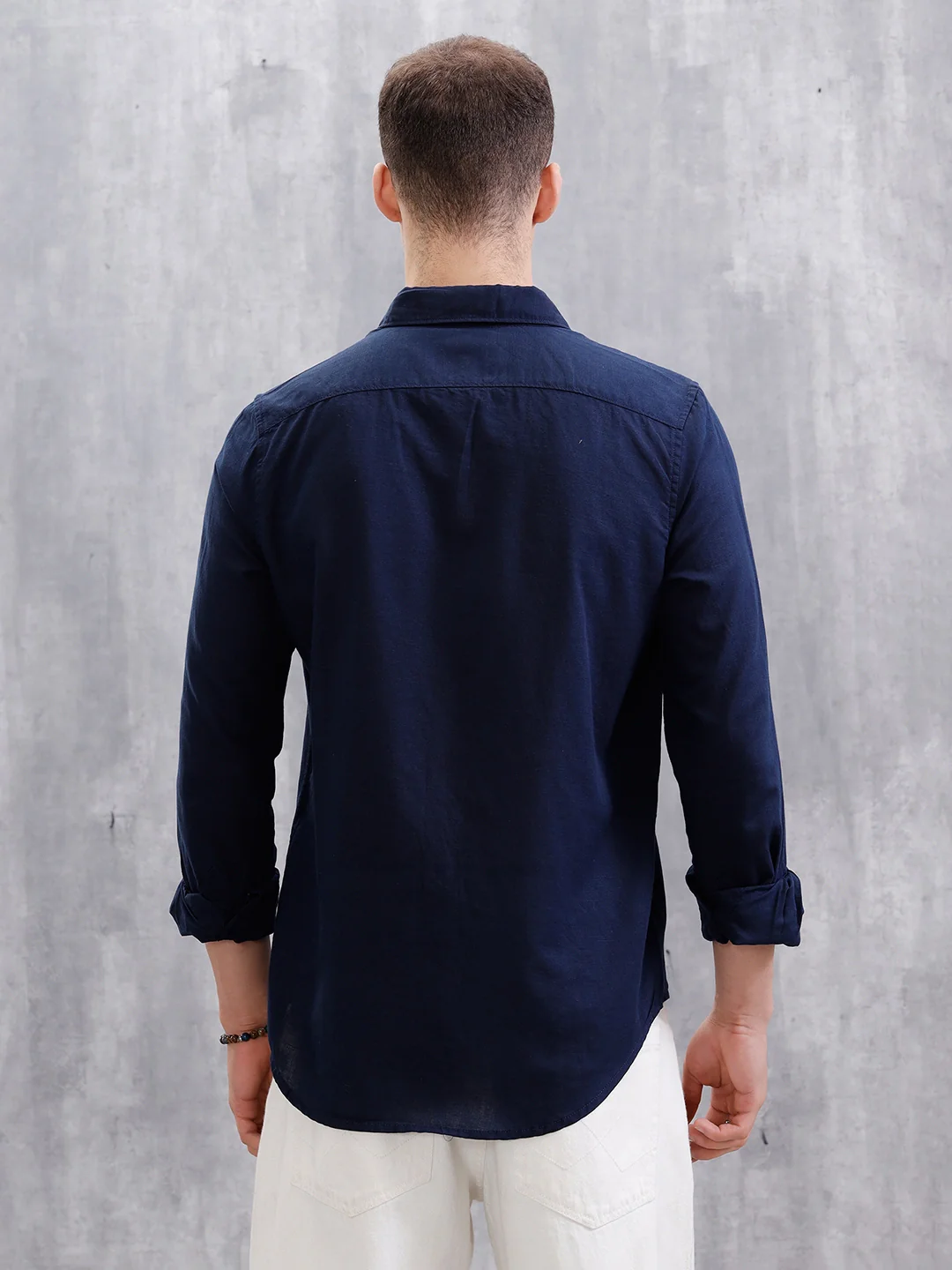 Solid Linen Blend Shirt  | Navy Blue - Image 3