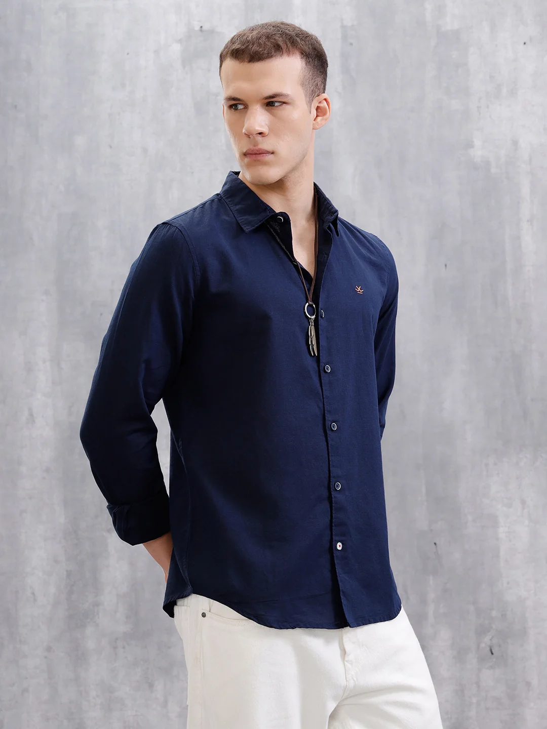 Solid Linen Blend Shirt  | Navy Blue - Image 4