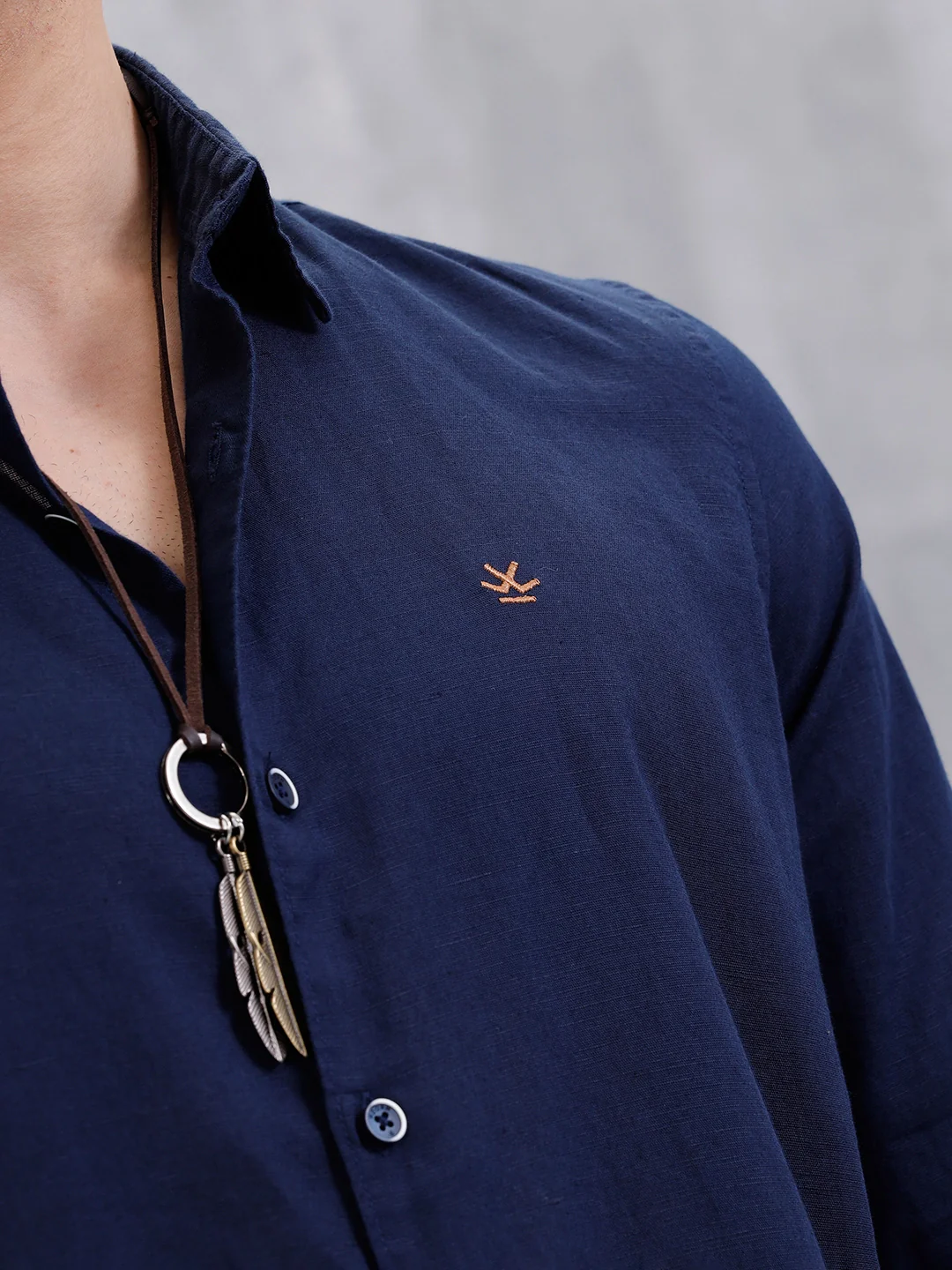 Solid Linen Blend Shirt  | Navy Blue - Image 5