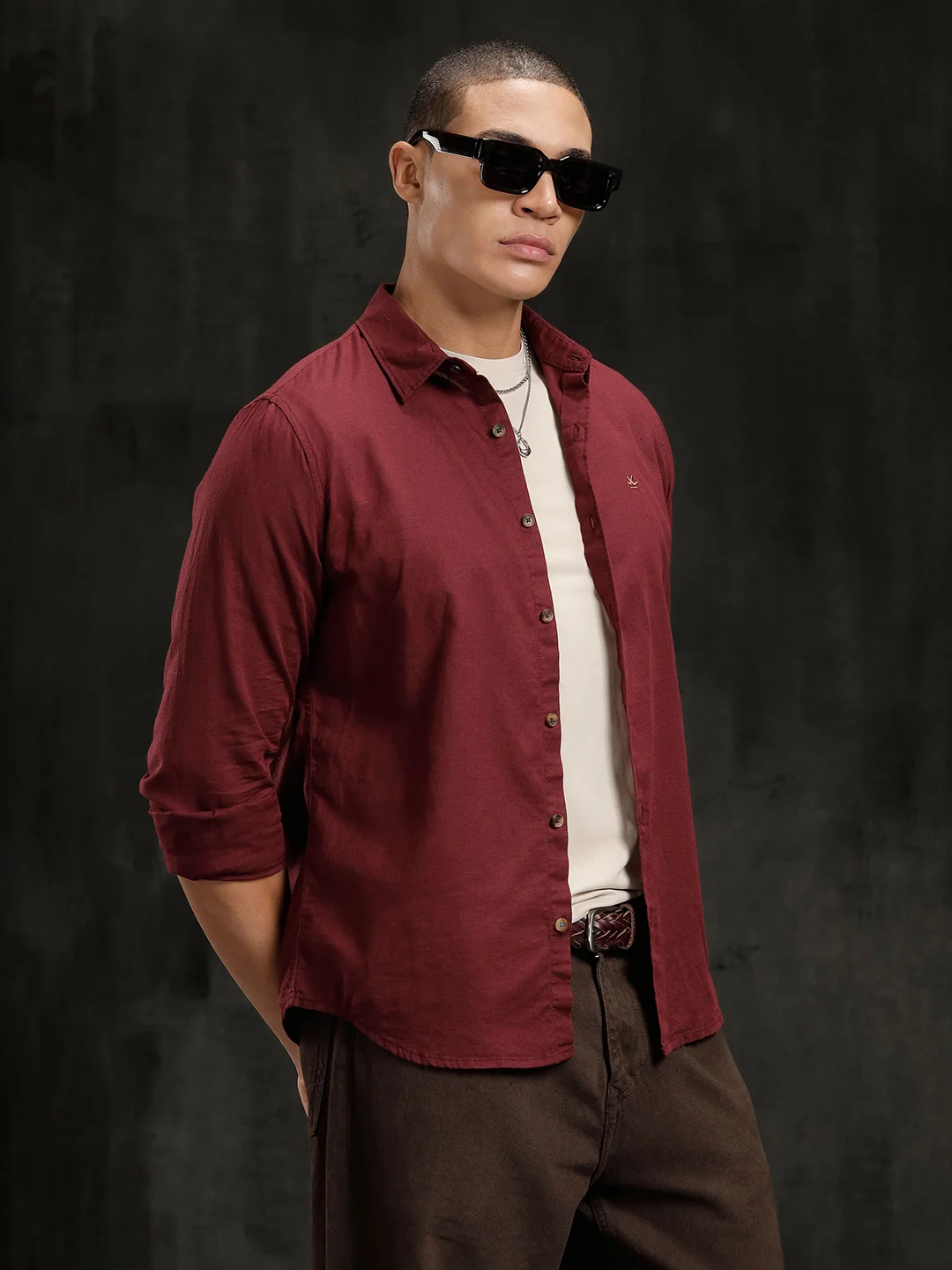 Solid Linen Blend Shirt | Wine - Image 4