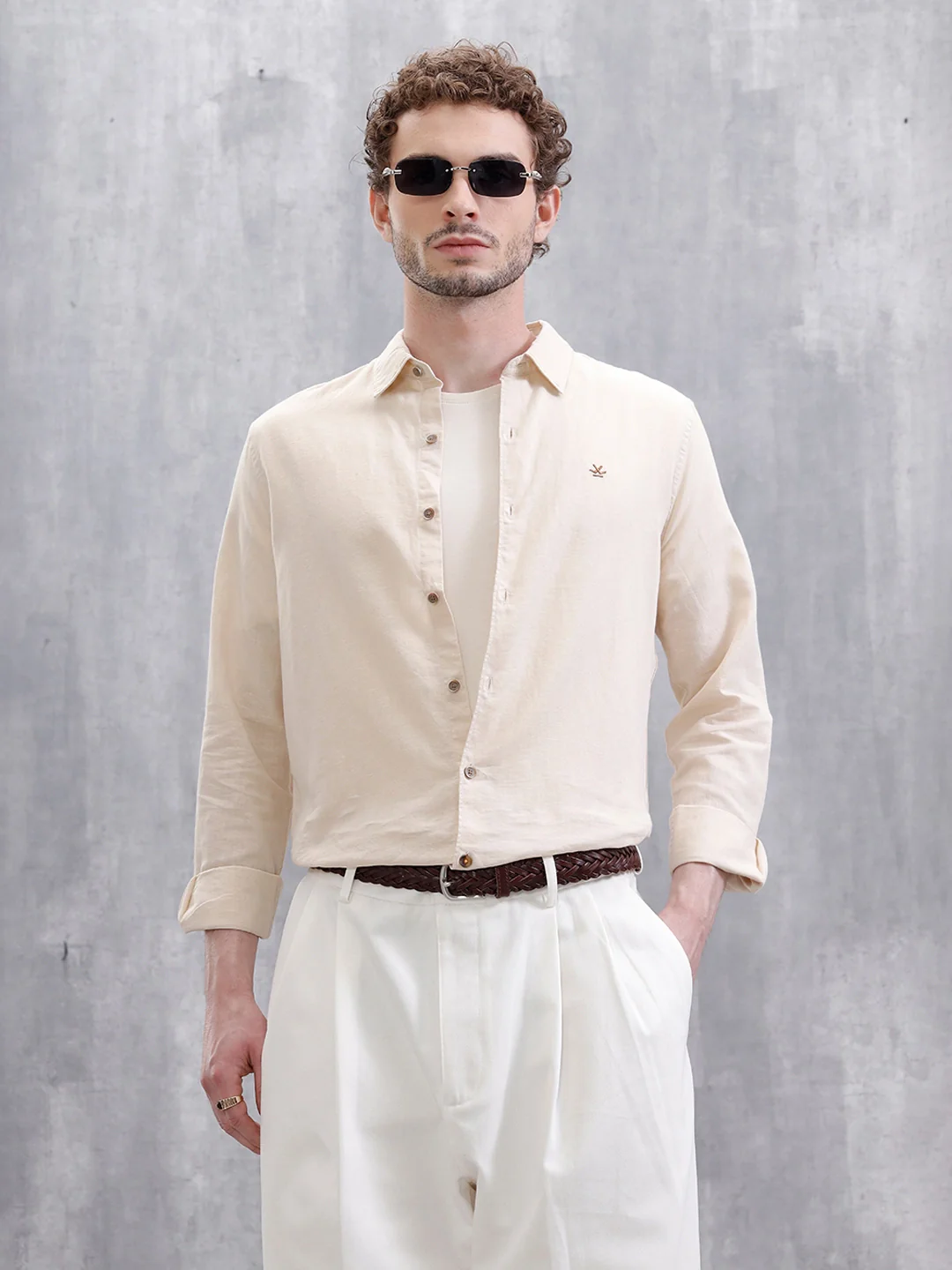 Solid Linen Blend Slim Fit Shirt | Beige - Image 2