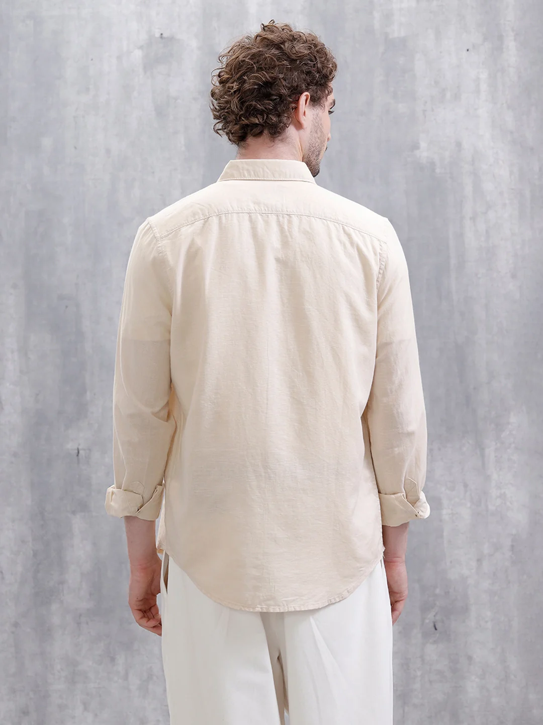 Solid Linen Blend Slim Fit Shirt | Beige - Image 4