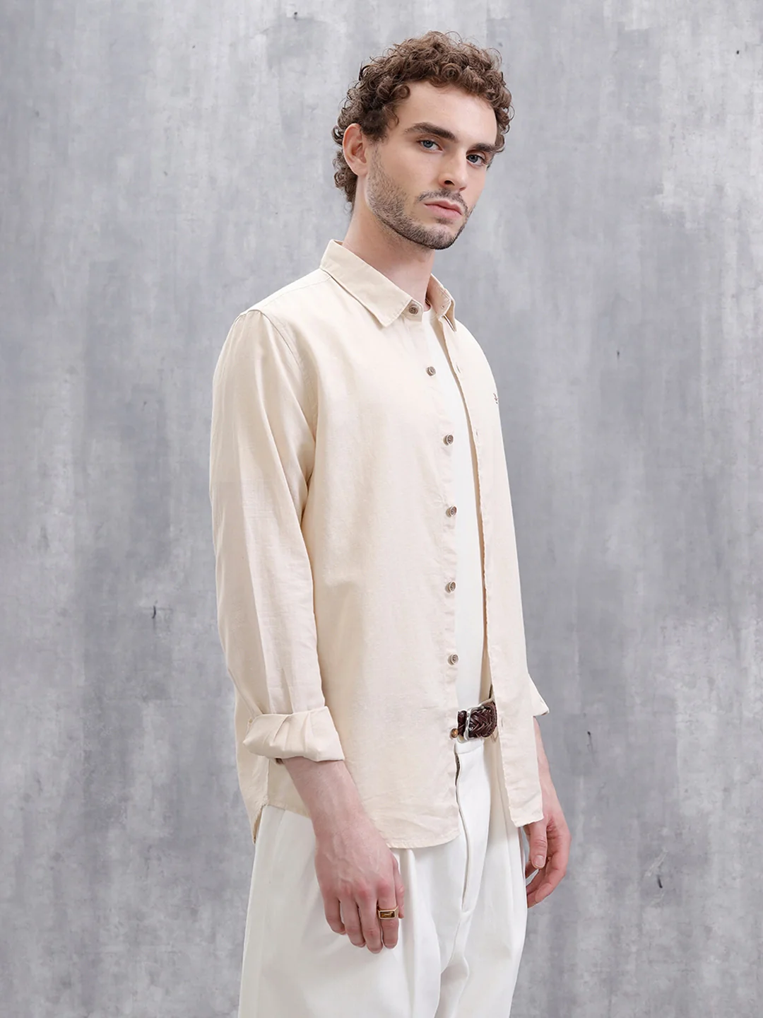 Solid Linen Blend Slim Fit Shirt | Beige - Image 5