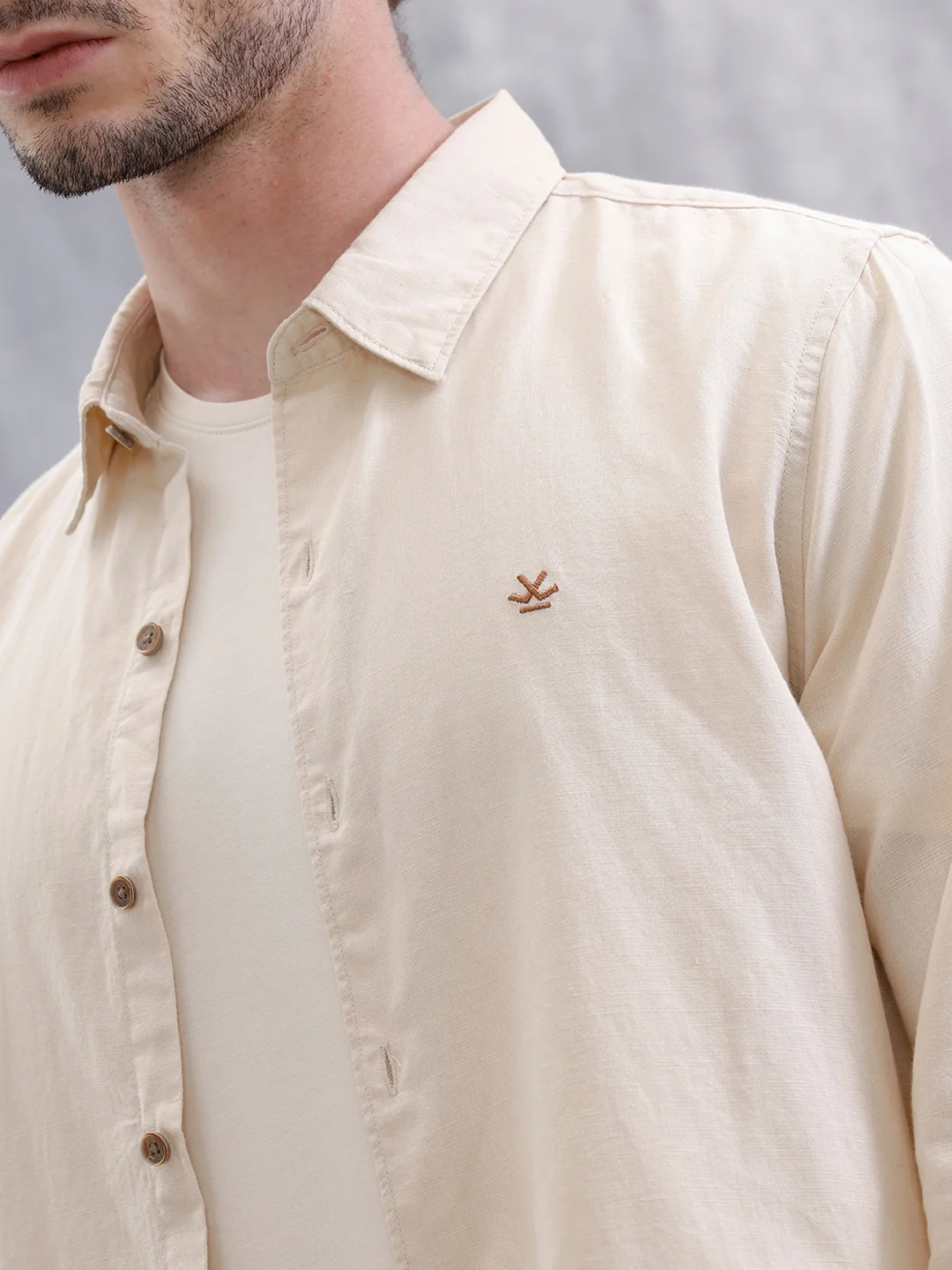 Solid Linen Blend Slim Fit Shirt | Beige - Image 6