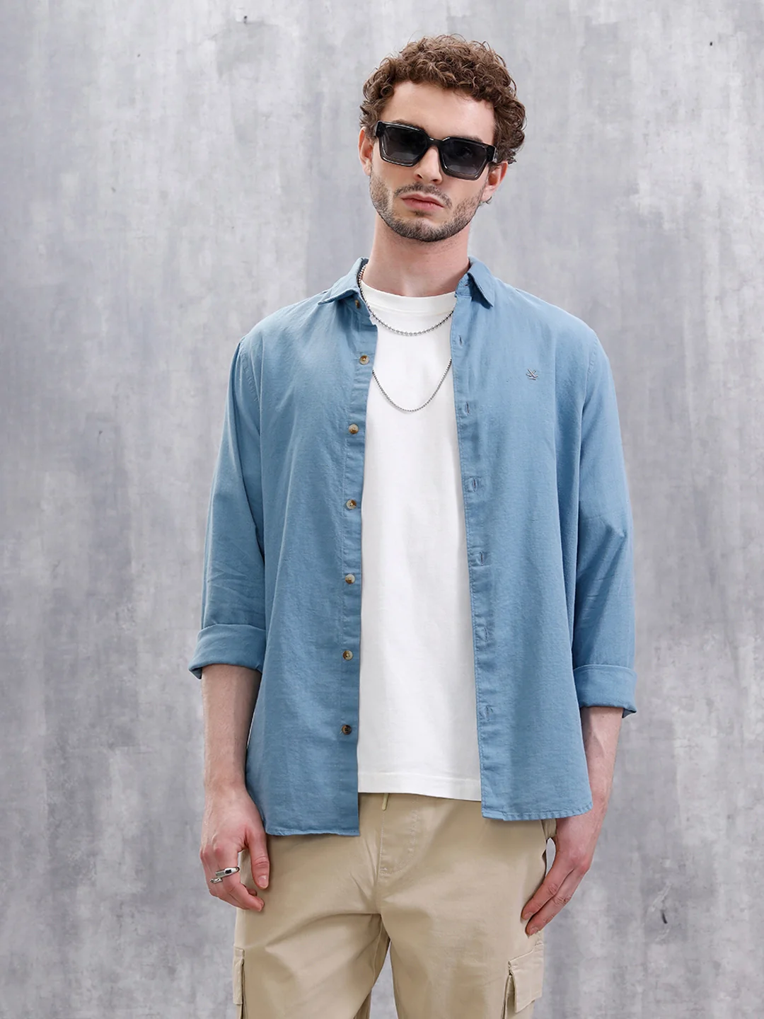 Solid Linen Blend Slim Fit Shirt | Blue - Image 2
