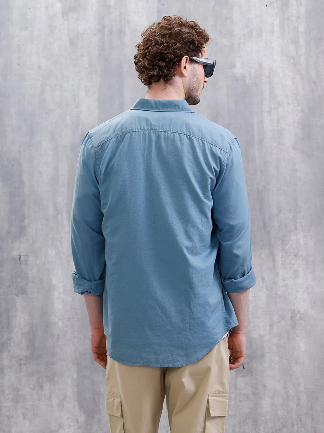 Solid Linen Blend Slim Fit Shirt | Blue - Image 4