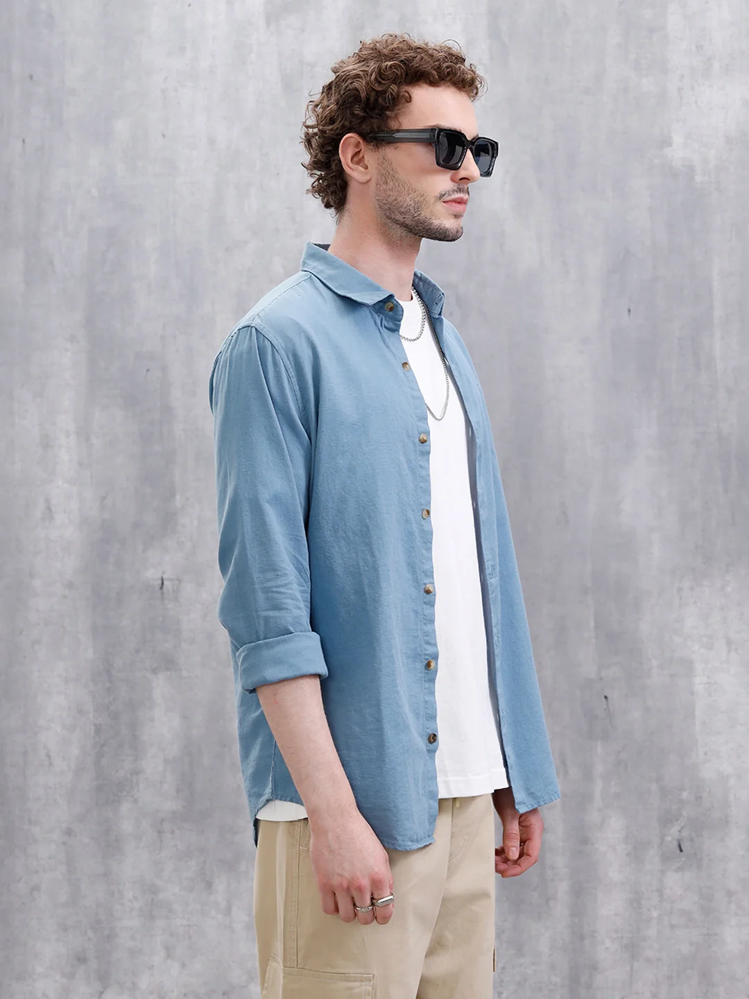Solid Linen Blend Slim Fit Shirt | Blue - Image 5