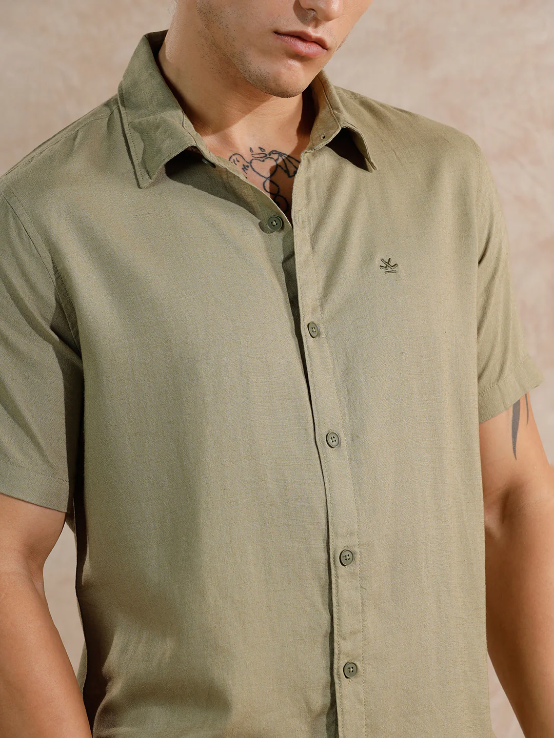 Solid Linen Blend Slim Fit Shirt | Olive - Image 5
