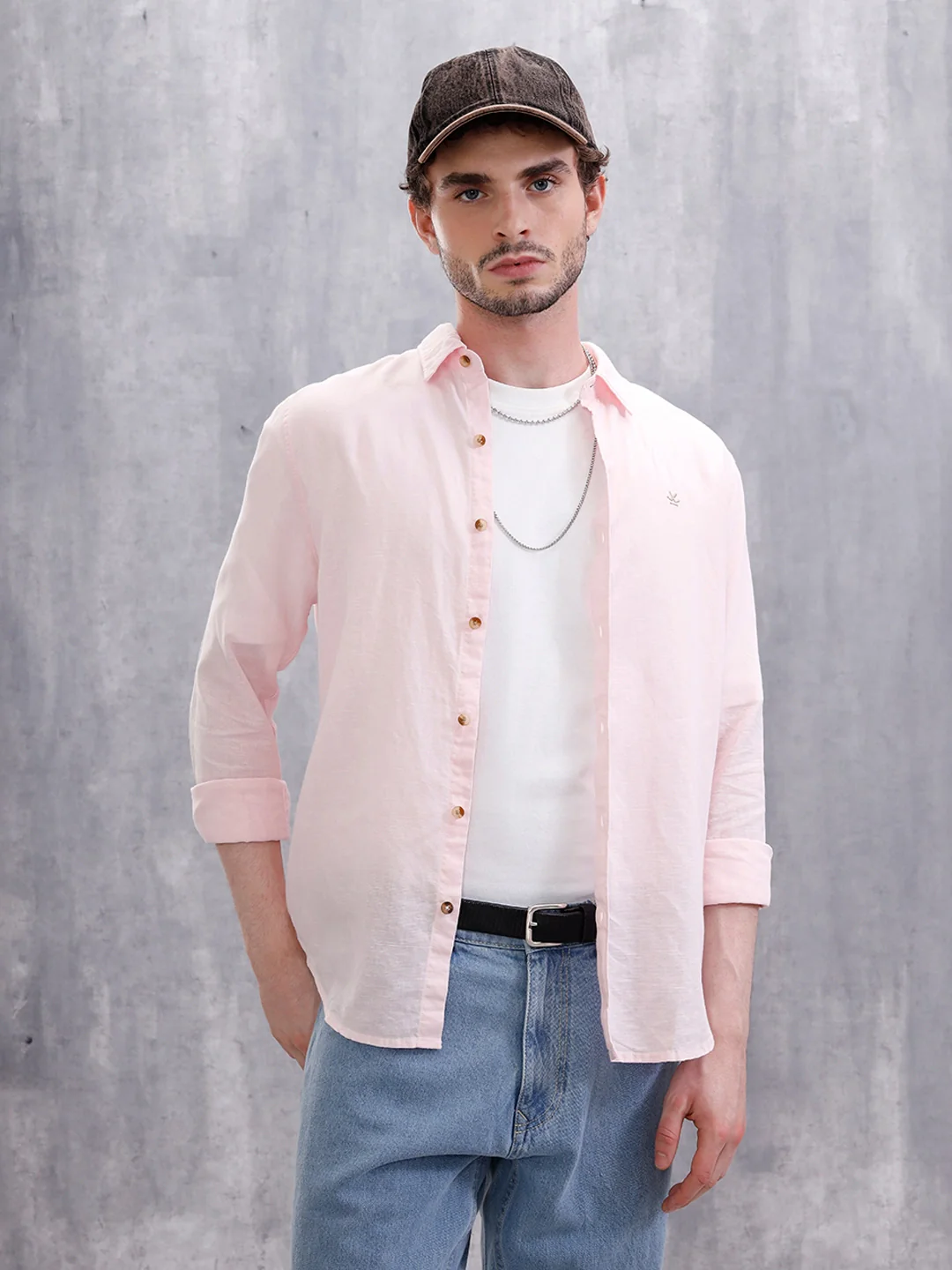 Solid Linen Blend Slim Fit Shirt | Pink - Image 2