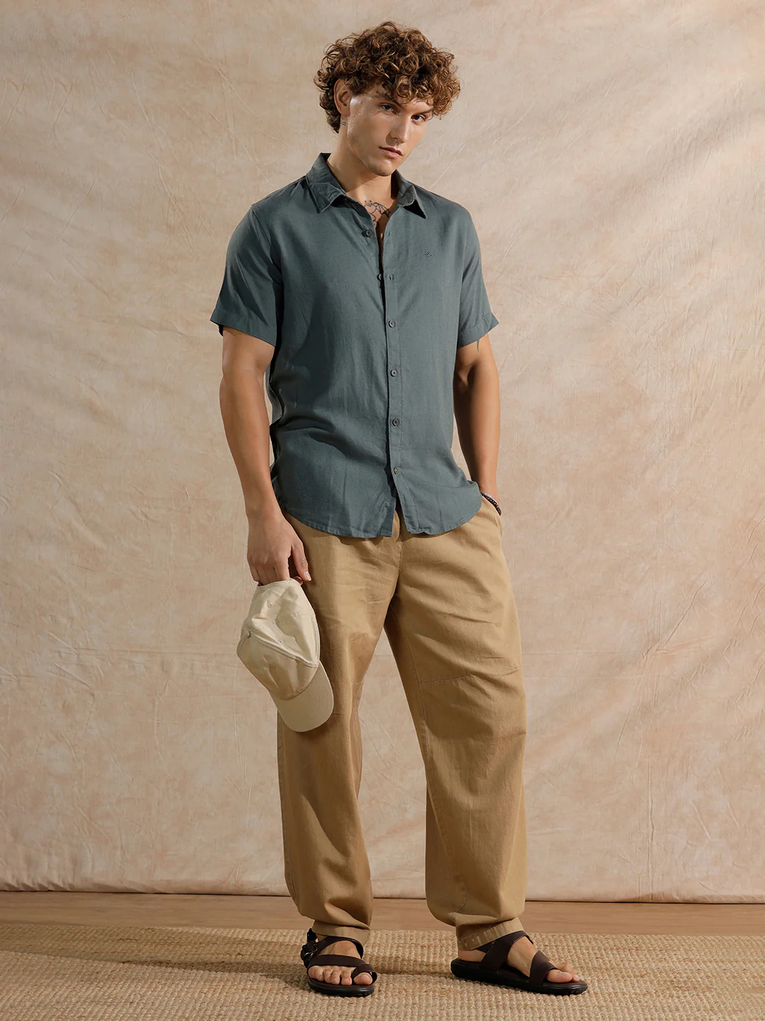 Solid Linen Blend Slim Fit Shirt | Teal - Image 2