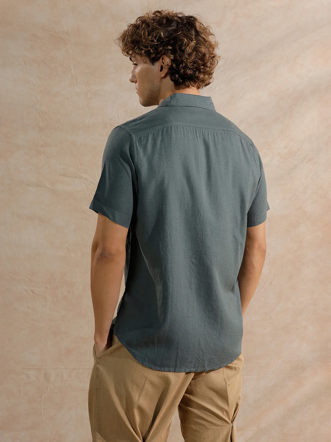 Solid Linen Blend Slim Fit Shirt | Teal - Image 3