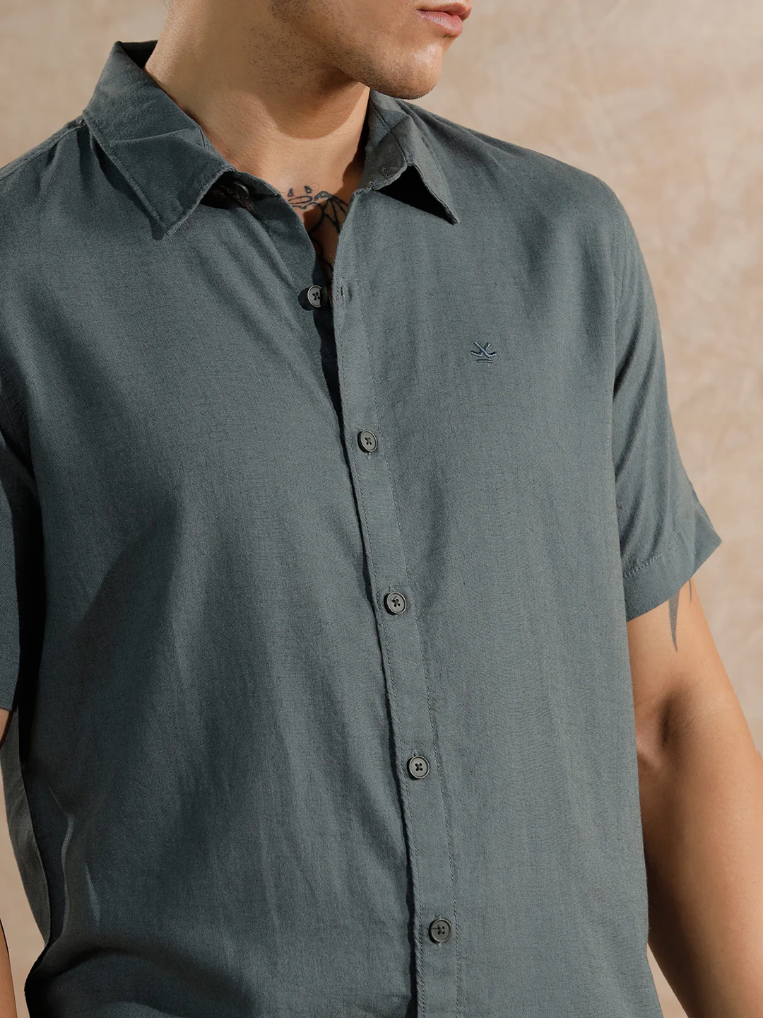 Solid Linen Blend Slim Fit Shirt | Teal - Image 5