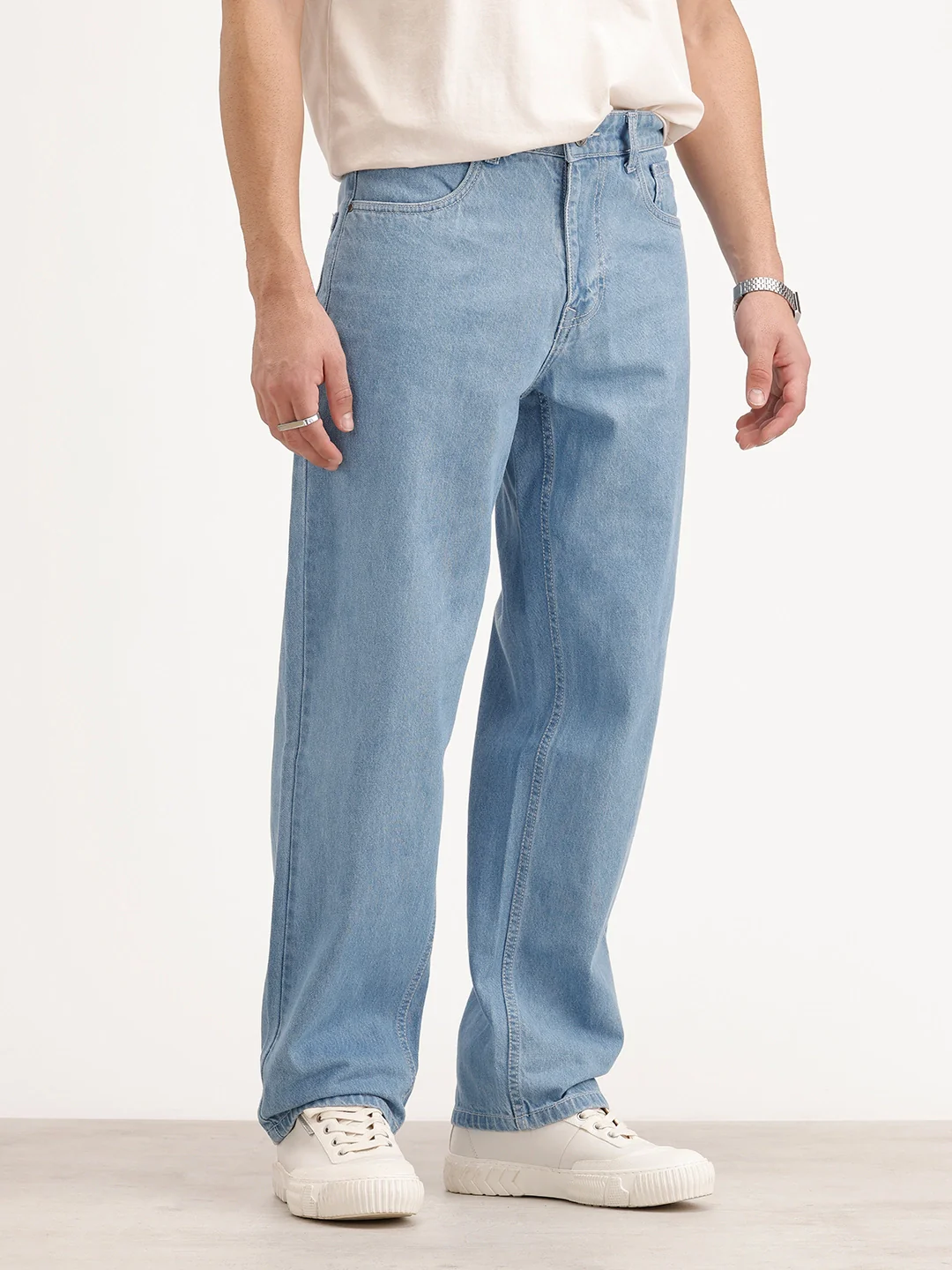 Solid Loose Fit Denim Jeans | Light Blue - Image 4