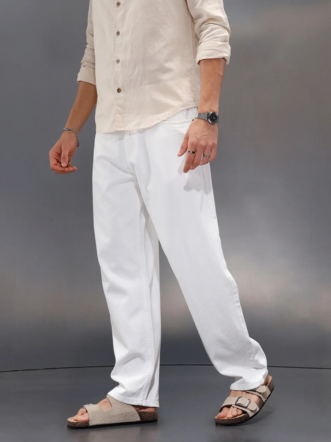 Solid Loose Fit White Jeans | White - Image 5