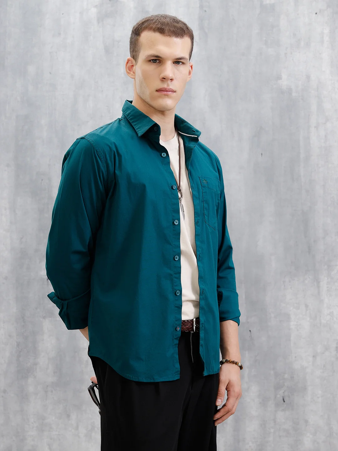 Solid Lycra Blend Shirt | Teal - Image 4