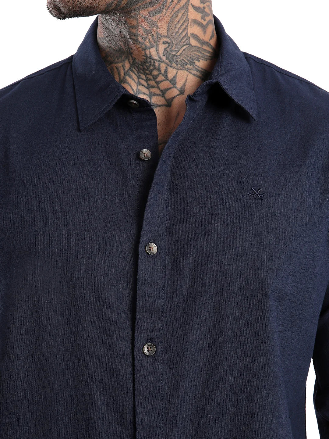 Solid Navy Cotton Linen Shirt - Image 4