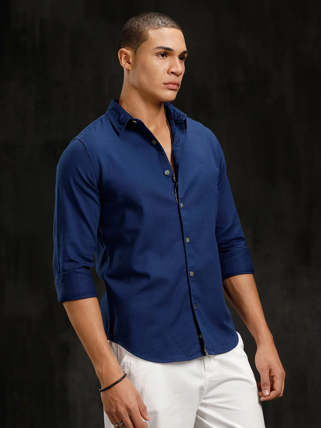 Solid Overdyed Slim Fit Shirt | Dark Blue - Image 4