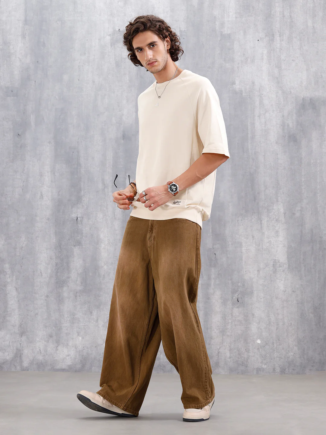 Solid Oversized Crew Neck T-shirt | Beige - Image 2