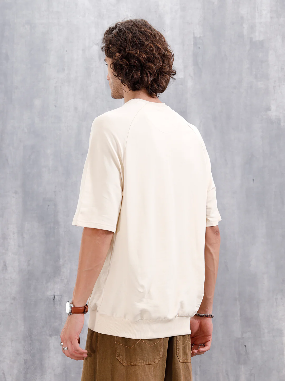 Solid Oversized Crew Neck T-shirt | Beige - Image 3
