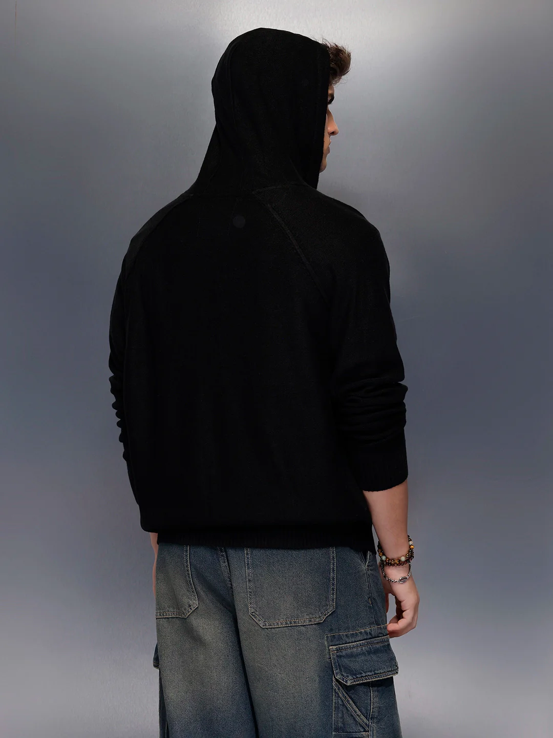 Solid Oversized Hooded Sweater   |  Black - Image 3
