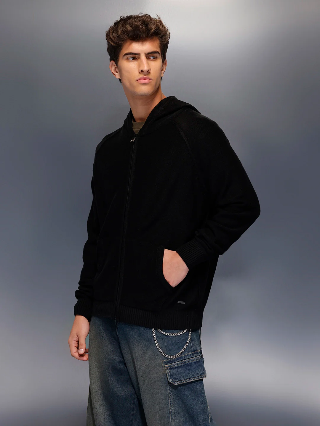 Solid Oversized Hooded Sweater   |  Black - Image 4