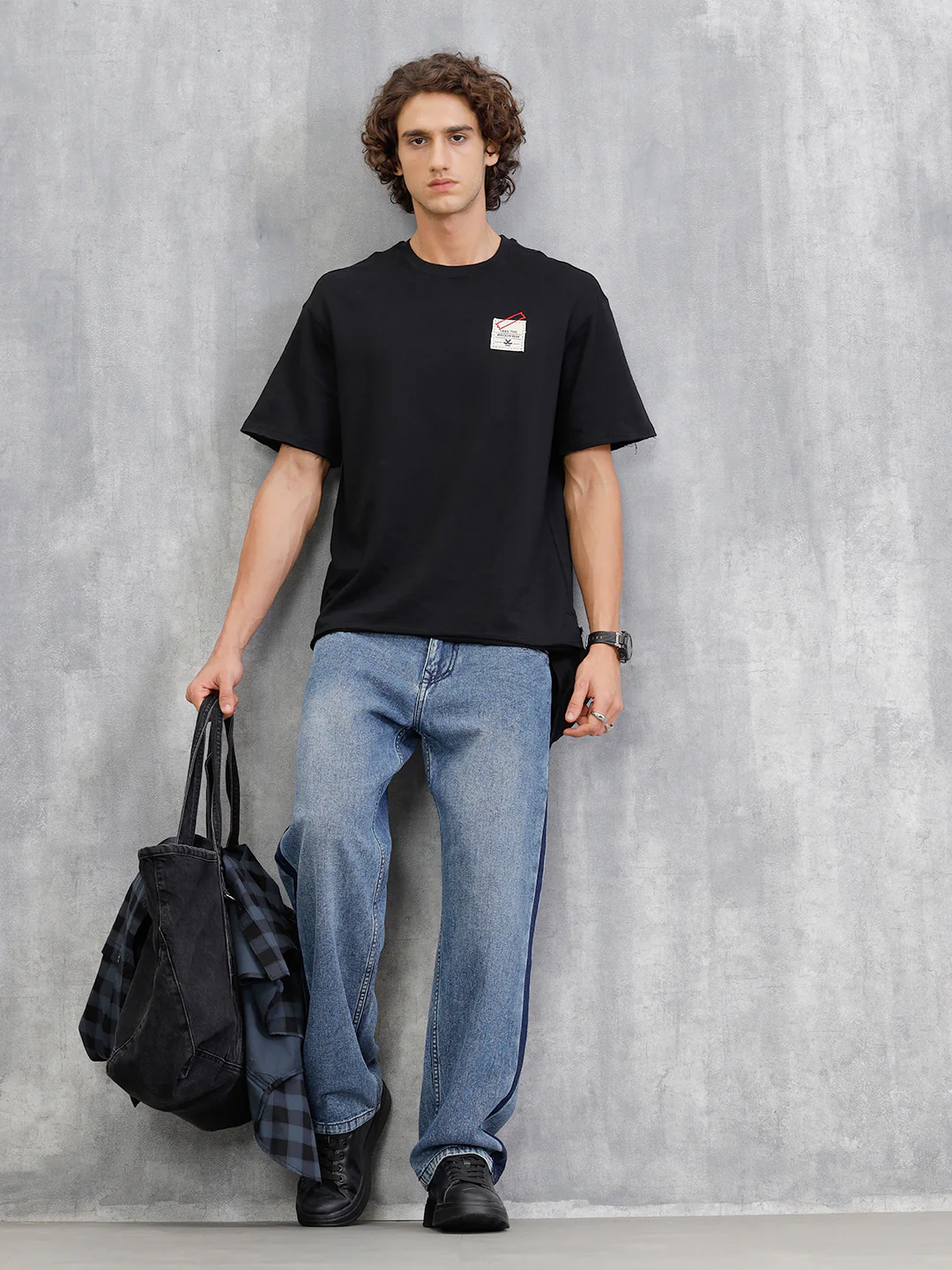 Solid Oversized T-Shirt With Printed Canvas Patch And Raw Edge Detail | Black - Image 2