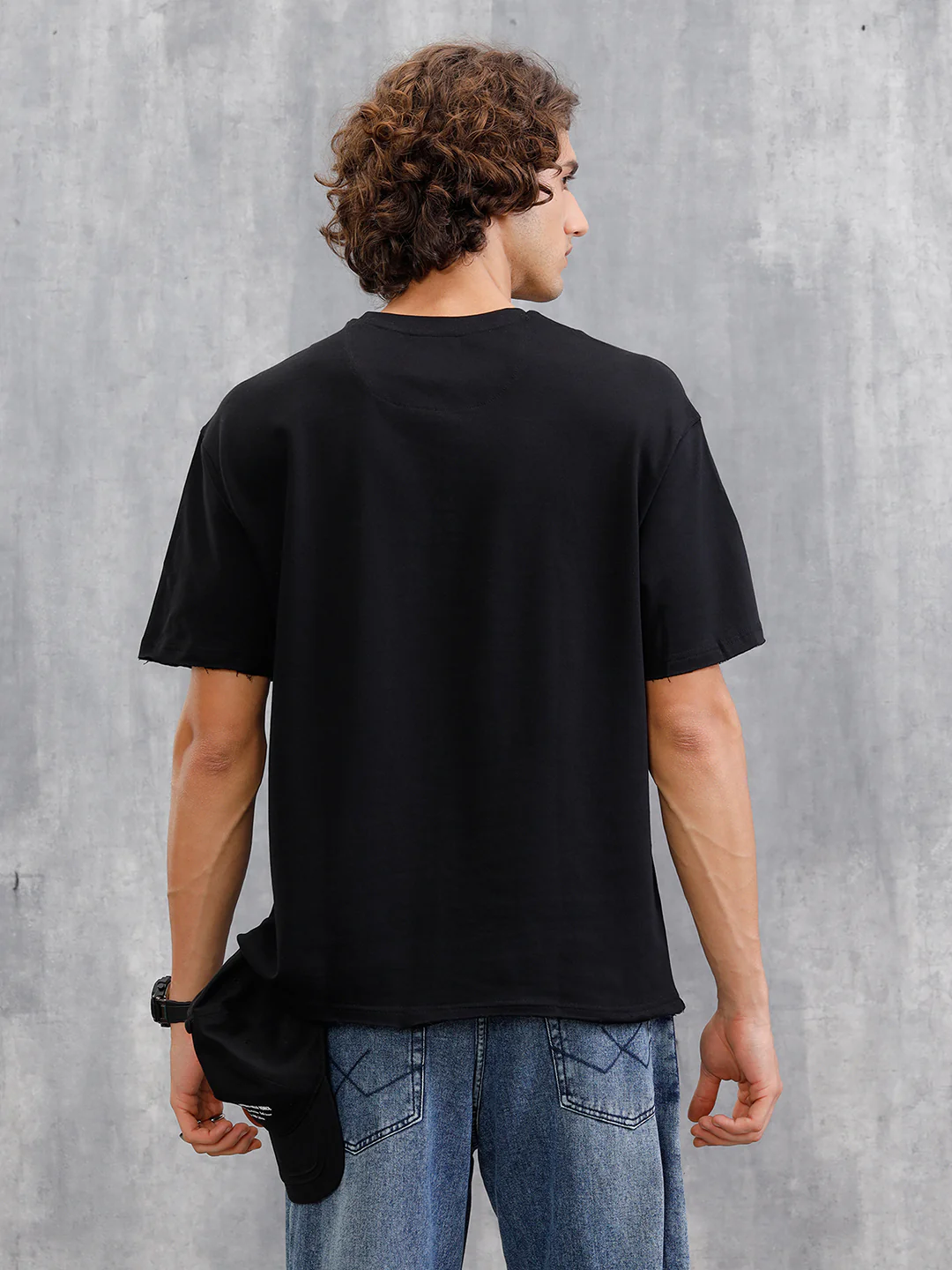 Solid Oversized T-Shirt With Printed Canvas Patch And Raw Edge Detail | Black - Image 3