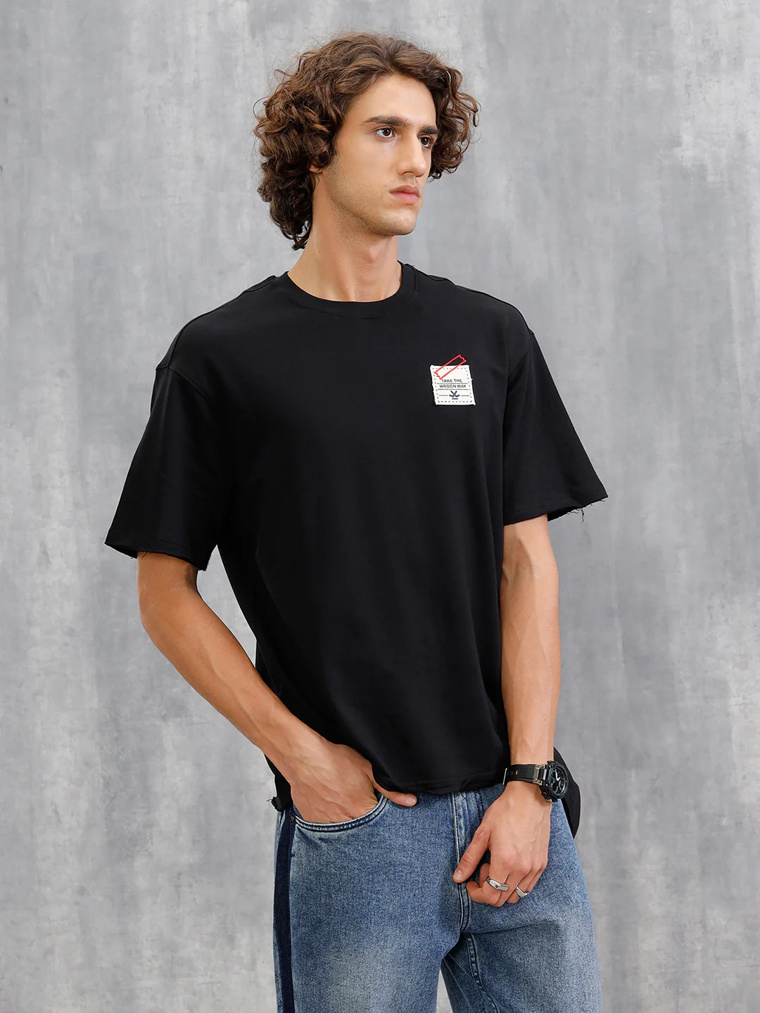 Solid Oversized T-Shirt With Printed Canvas Patch And Raw Edge Detail | Black - Image 5