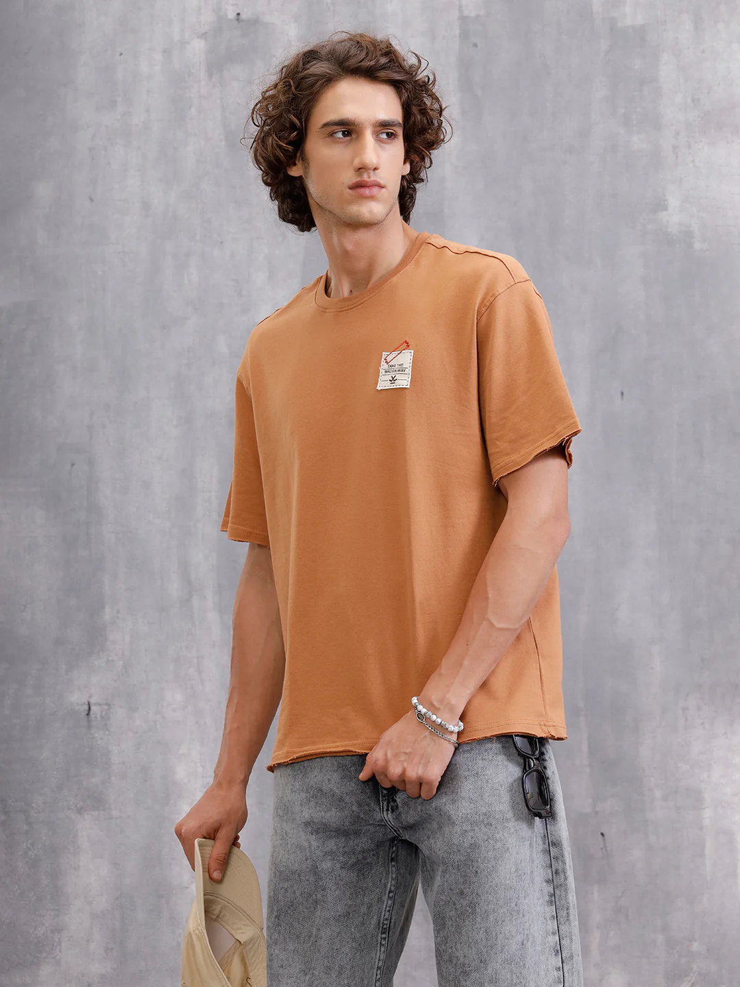 Solid Oversized T-Shirt With Printed Canvas Patch And Raw Edge Detail | Brown - Image 4