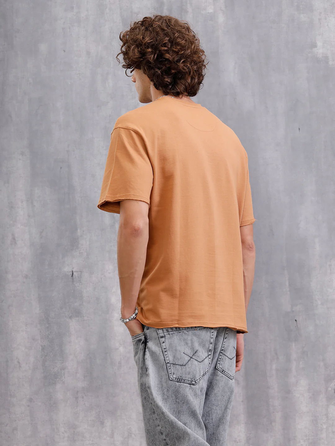 Solid Oversized T-Shirt With Printed Canvas Patch And Raw Edge Detail | Brown - Image 6