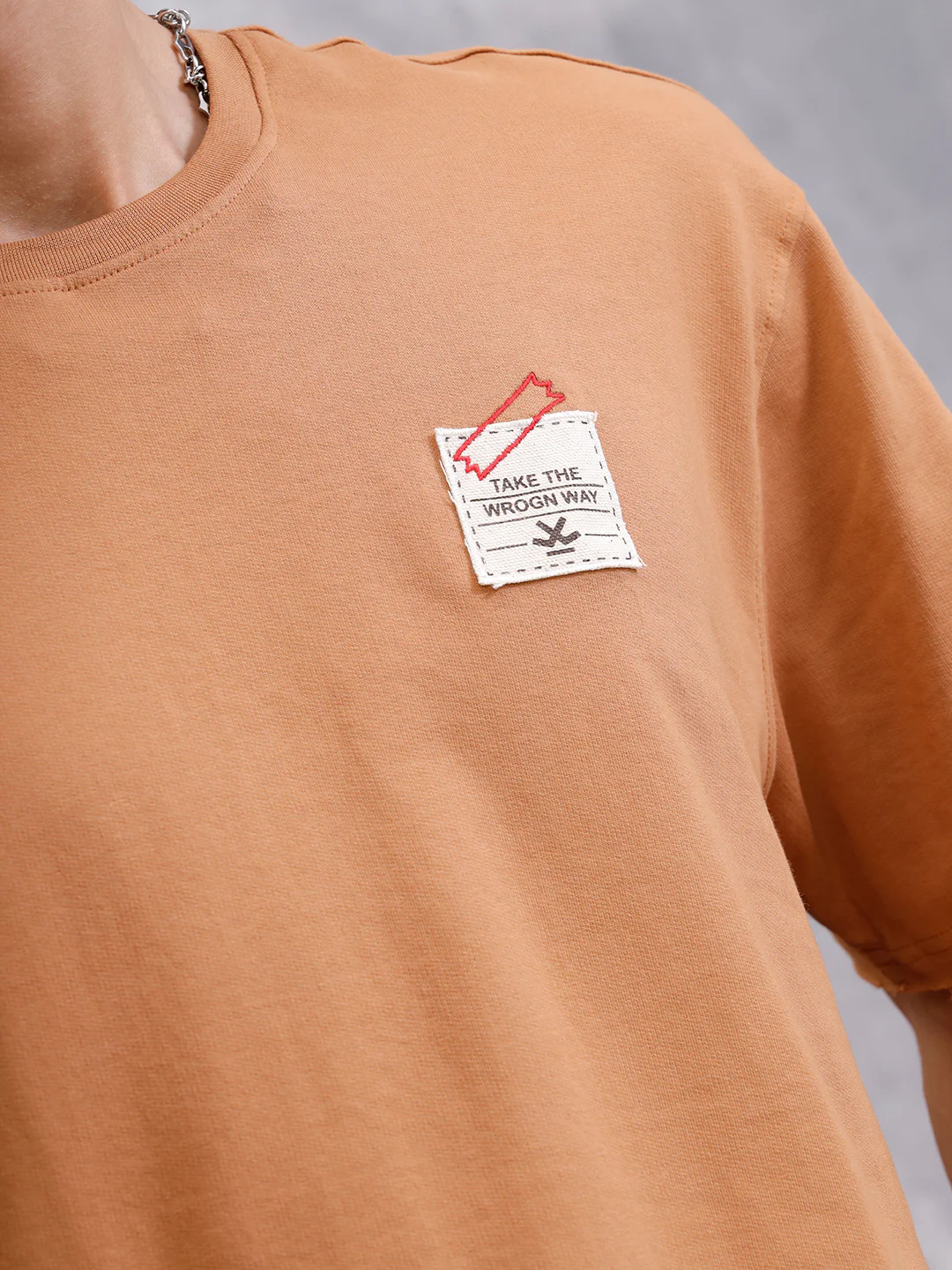 Solid Oversized T-Shirt With Printed Canvas Patch And Raw Edge Detail | Brown - Image 7