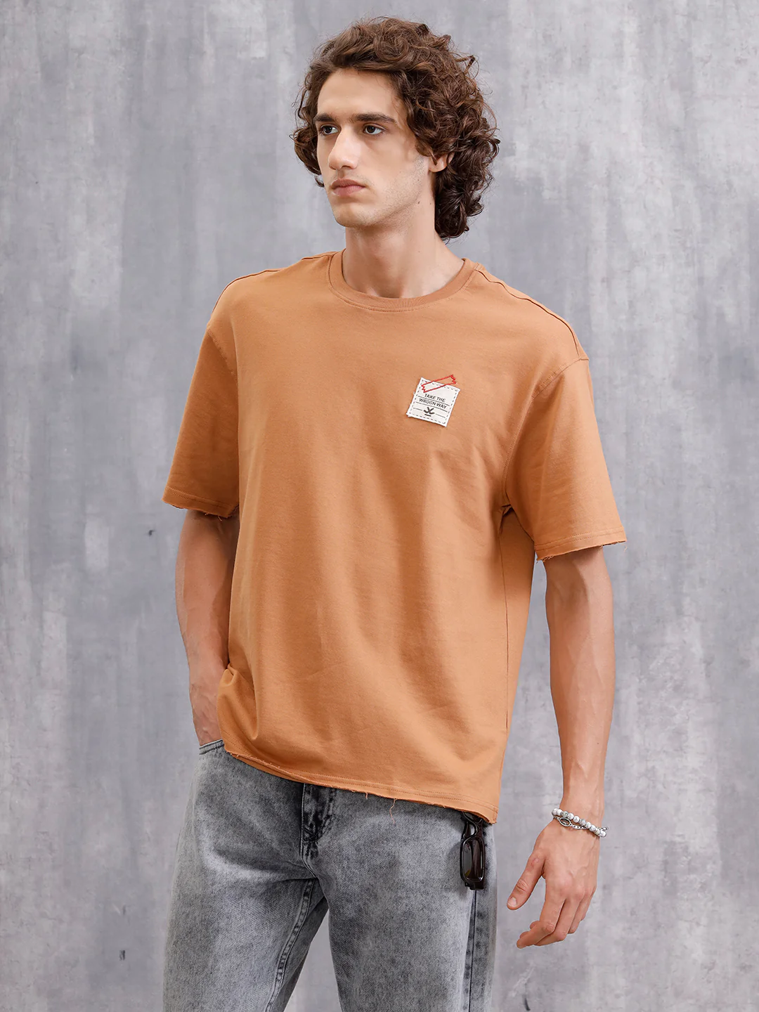 Solid Oversized T-Shirt With Printed Canvas Patch And Raw Edge Detail | Brown - Image 8