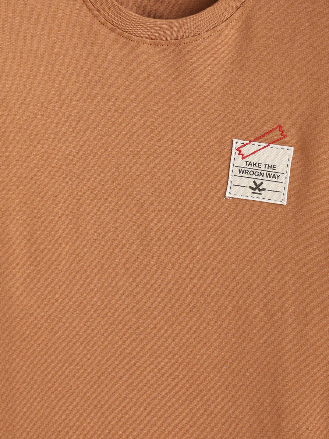 Solid Oversized T-Shirt With Printed Canvas Patch And Raw Edge Detail | Brown - Image 9
