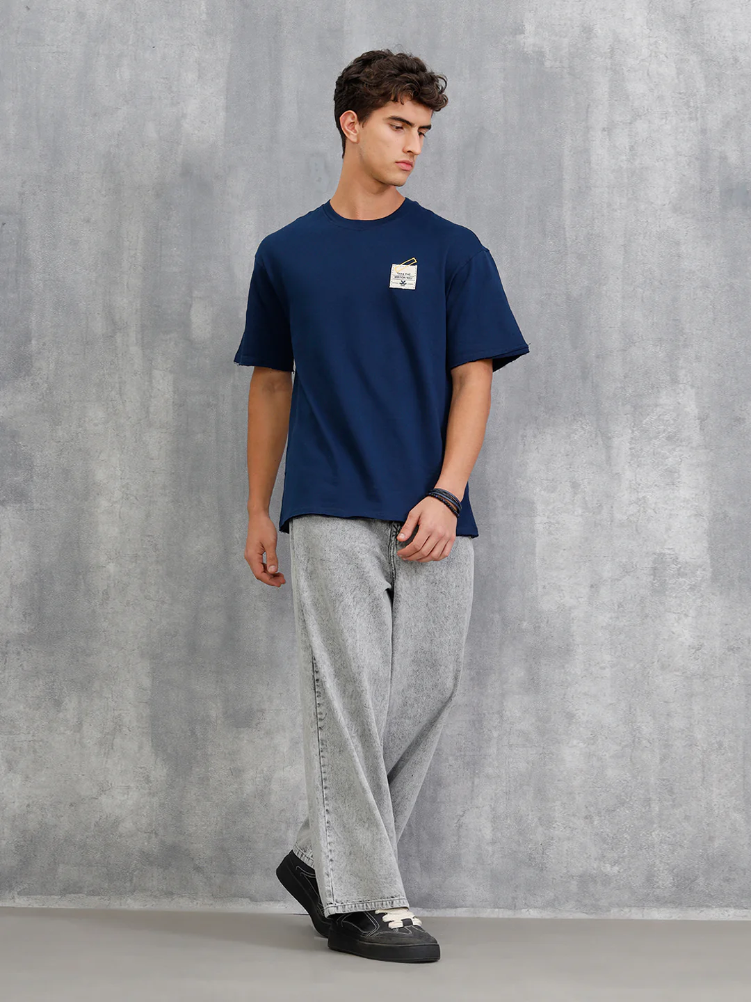 Solid Oversized T-Shirt With Printed Canvas Patch And Raw Edge Detail  | Navy Blue - Image 2