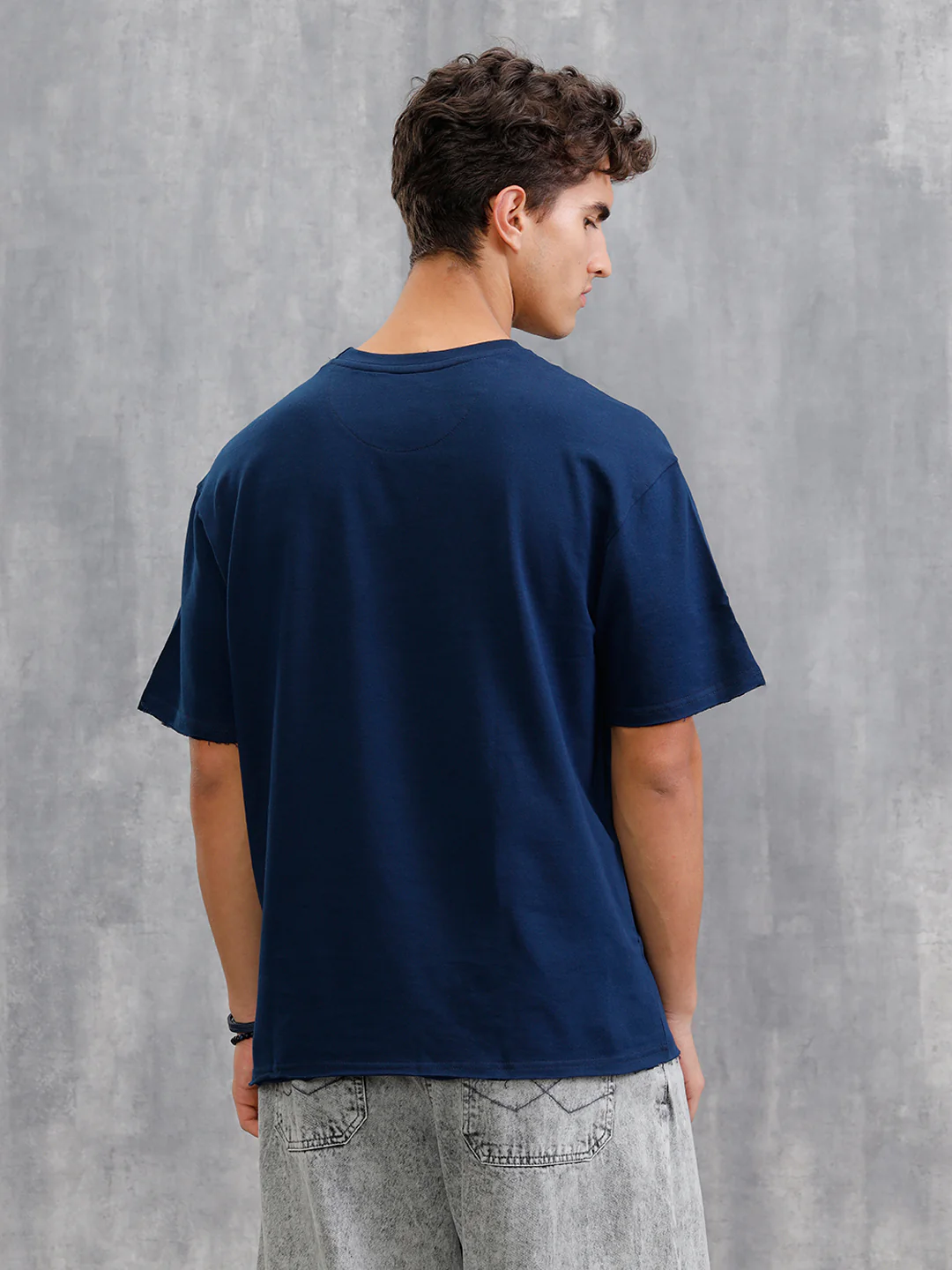 Solid Oversized T-Shirt With Printed Canvas Patch And Raw Edge Detail  | Navy Blue - Image 3