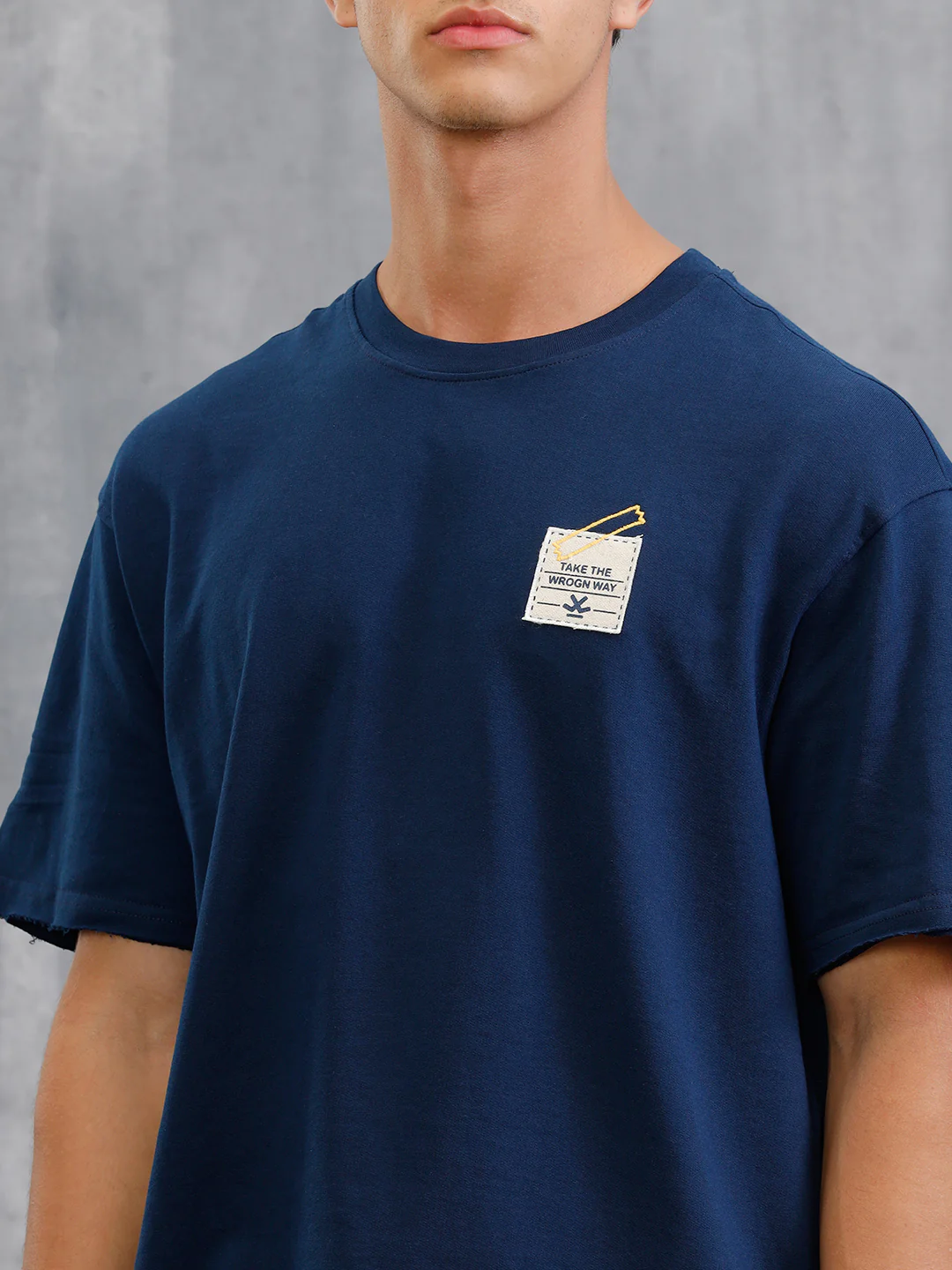 Solid Oversized T-Shirt With Printed Canvas Patch And Raw Edge Detail  | Navy Blue - Image 4
