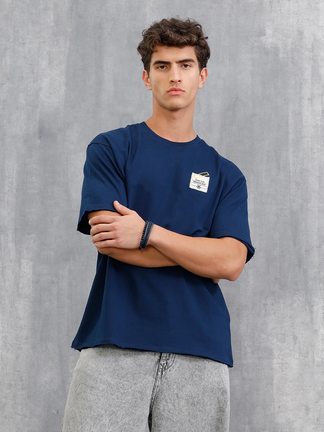 Solid Oversized T-Shirt With Printed Canvas Patch And Raw Edge Detail  | Navy Blue - Image 5