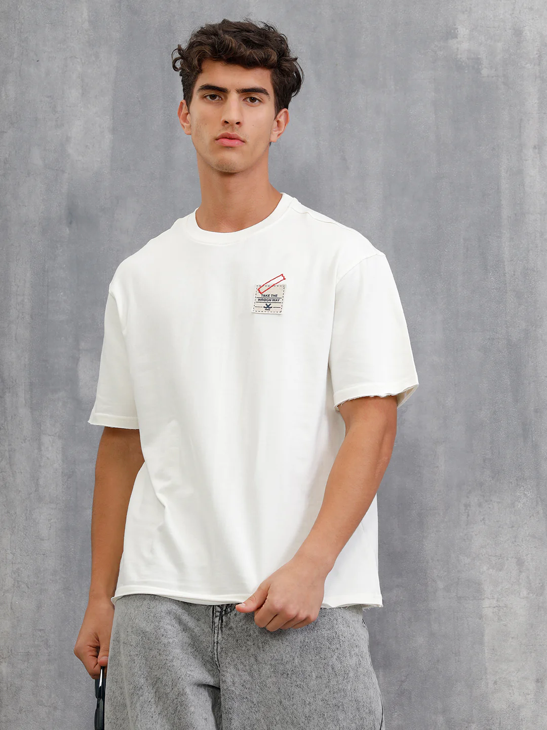 Solid Oversized T-Shirt With Printed Canvas Patch And Raw Edge Detail  | Off White - Image 2