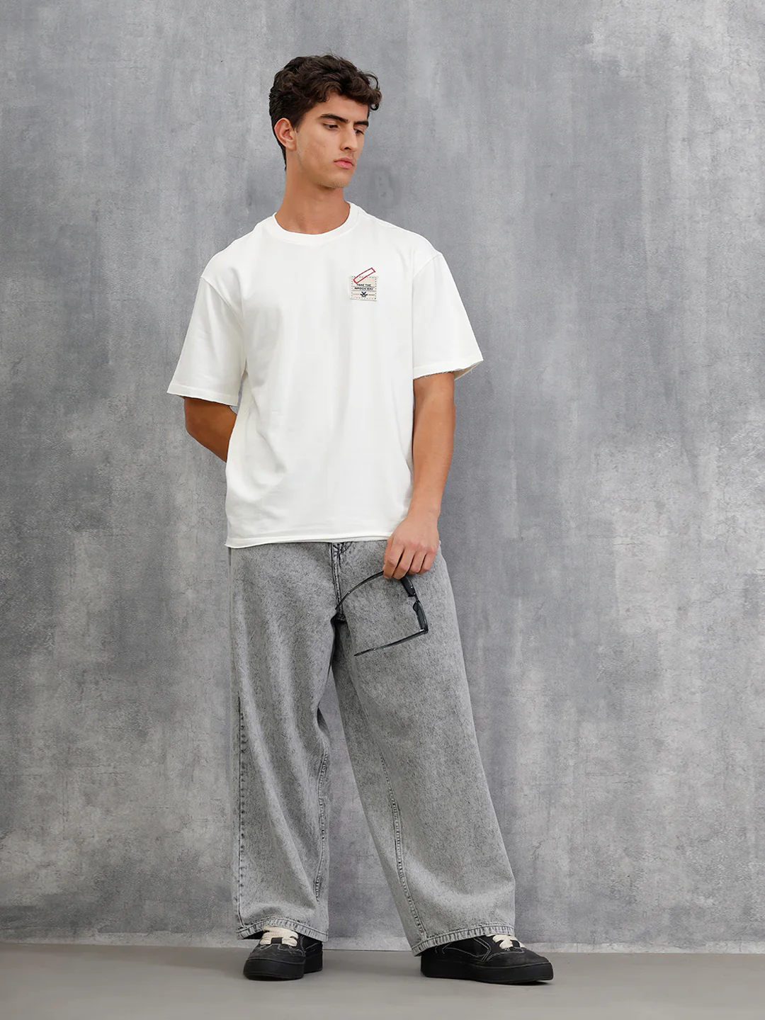 Solid Oversized T-Shirt With Printed Canvas Patch And Raw Edge Detail  | Off White - Image 3
