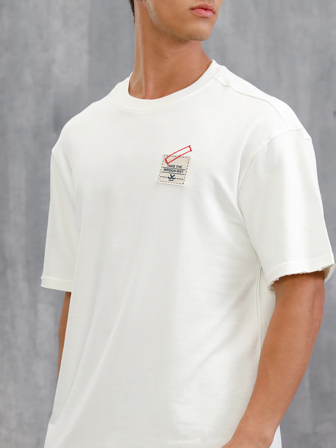 Solid Oversized T-Shirt With Printed Canvas Patch And Raw Edge Detail  | Off White - Image 5